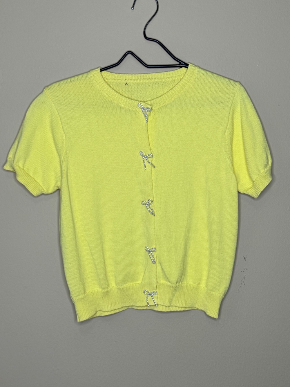 Bright Yellow Knit Short Sleeve Cardigan with Rhinestone Bows